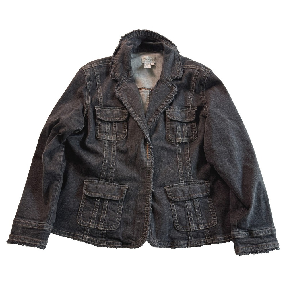 Womens Boho Denim Blazer Jacket Raw Hem Distressed Fitted 2X Western